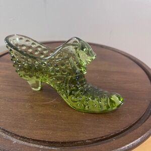 Fenton Glass Cat Slipper Shoe Vtg Olive Green Hobnail Decorative Art Glass